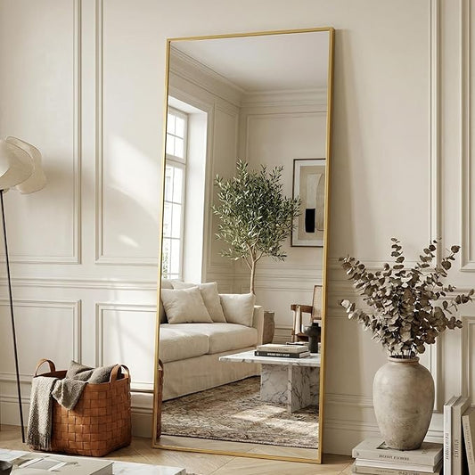 Antok 71''x32'' Full Length Mirror, Shatterproof HD Oversized Floor Mirror with Stand, Aluminum Alloy Frame Leaning Standing or Wall Mounted Mirror for Bedroom Living Room Entryway, Gold