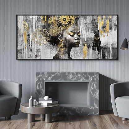 KLAKLA African American Wall Art - Large Black Girl Black Woman Black and Gold Artwork Canvas Picture Framed Wall Decor for Living Room Bedroom Home Decoration