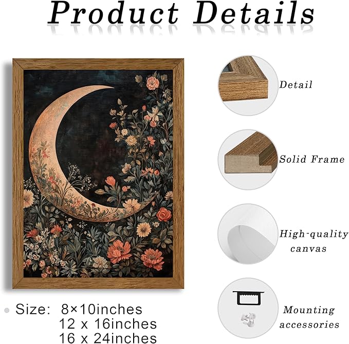 JLTULT Framed Vintage Floral and Moon Canvas Wall Art, Dark Mystical Celestial Floral Wall Decor, William Morris Gothic Prints Artwork for Bedroom Living Room Office Decoration 12x16 in Easy to Hang