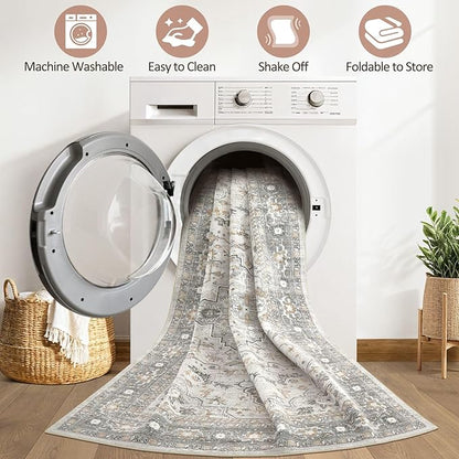 5x8 Area Rugs Living Room: Washable Boho Large Neutral Vintage Soft Rug Stain Resistant Distressed Farmhouse Non-Slip Indoor Floor Carpet for Bedroom Nursery Kids Office Dining Room- Taupe