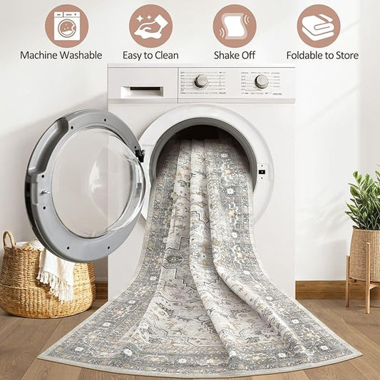 10x13 Area Rug Living Room: Washable Boho Large Neutral Vintage Soft Rug Stain Resistant Distressed Farmhouse Non-Slip Indoor Floor Carpet for Bedroom Nursery Kids Office Dining Room- Taupe