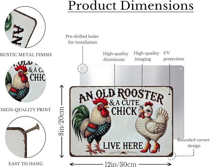 Vintage Chicken Coop Metal Signs Funny Farmhouse Tin Sign An Old Rooster & A Cute Chick Live Here Metal Sign Funny Tin Signs for Chicken Coop Farm Kitchen Garden Yard Decor