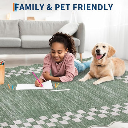 Small Bedroom Area Rug 3x5 Checkered Area Rug for Living Room Nursery Non Slip Kitchen Throw Carpet Low Pile Modern Bordered Rugs Washable Bathroom Mat Soft Brown Rugs for Laundry Entryway, Green