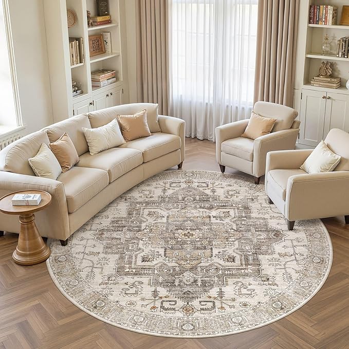 8x8 Round Area Rugs Washable Vintage - Soft Traditional Rugs for Living Room Large Non Slip Backing with Low Pile Farmhouse Oriental Retro Carpet for Bedroom Dining Room or Home Office - Light Brown