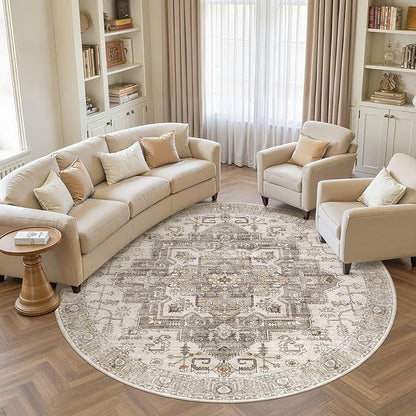 8x8 Round Area Rugs Washable Vintage - Soft Traditional Rugs for Living Room Large Non Slip Backing with Low Pile Farmhouse Oriental Retro Carpet for Bedroom Dining Room or Home Office - Light Brown