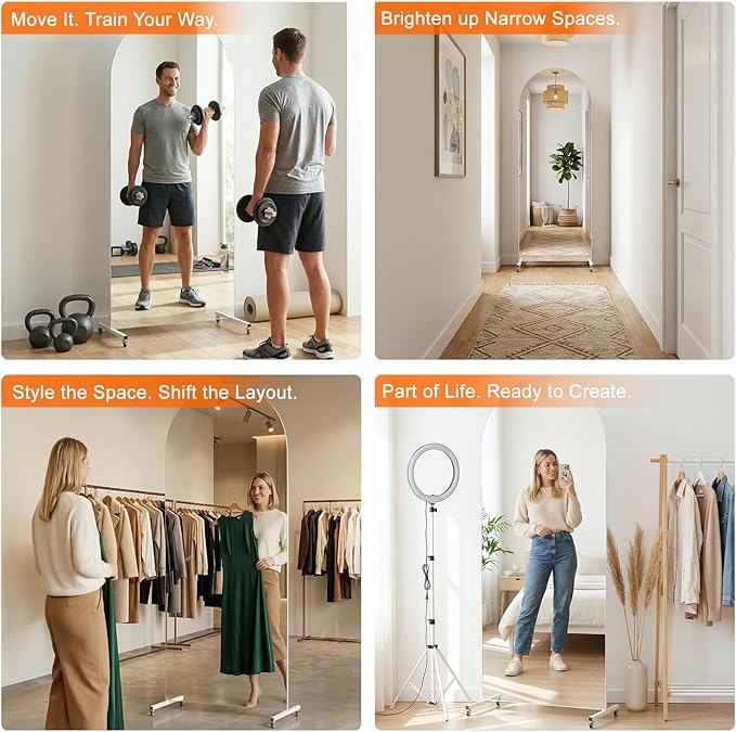 70” x 22” Arched Full Length Rolling Floor Mirror on Lockable Wheels, Large Whole Body for Home Gym & Dance Studio, Shatter-Resistant Tempered Safety Glass, 360° Swivel, White Metal Frame and Stand