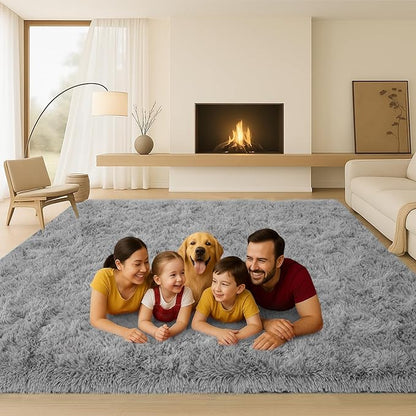 8x10 Area Rugs Living Room, Gray Plush Fluffy Bedroom Rugs, Non-Slip Upgraded Indoor Thick Soft Rug, Modern Plush Carpet Suitable for Kids Home Decor Aesthetics Dorm.