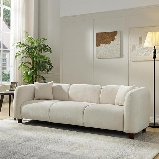 Merax 87" Velvet Upholstered Sofa Couch 3 Seater with 2 Pillows, Modern Living Room Sofa with Solid Wood Legs, Beige