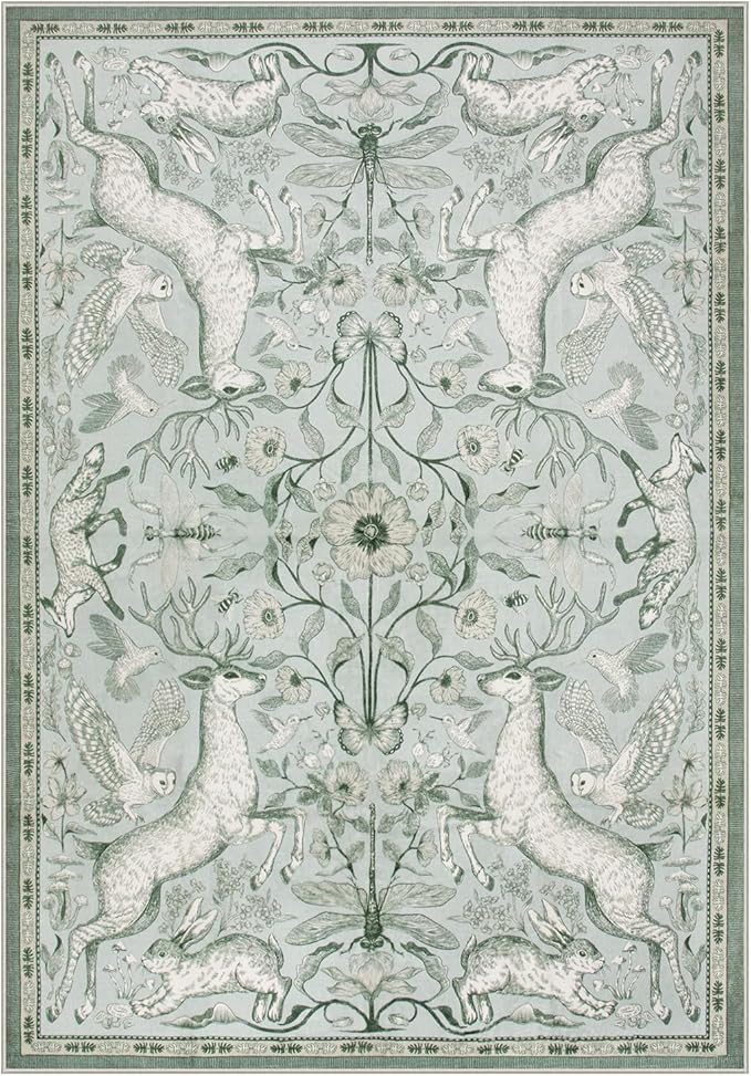 Lahome 6x9 Washable Deer Rug, Dorval Boho Botanical Cottage Area Rug, Non Slip Low Pile Soft Light Green Carpet for Living Room Dining Room Bedroom Kitchen Nursery Decor