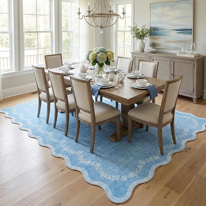 GarveeHome 6x9 Scalloped Area Rug Blue Washable Rugs for Living Room Bedroom, Soft Low Pile Non Slip Accent Floor Mat Solid Floral Print Throw Rug Farmhouse Indoor Carpet for Dorm Playroom