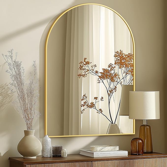 Arched Bathroom Mirror for Wall, 40" x 28" Gold Metal Frame Vanity Mirror, HD Glass Over Sink for Bathroom, Entryway, Bedroom