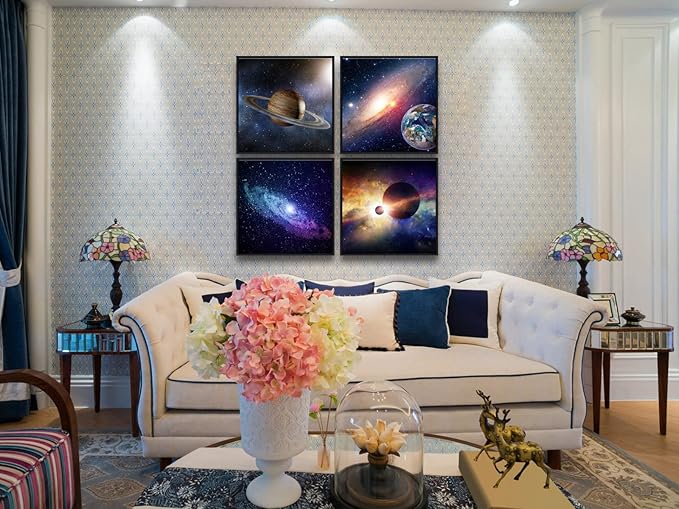 Wieco Art Large Framed Wall Art 4 Panels Contemporary Star Sky Pictures Astronomy Modern Canvas Prints Space Pictures Universal Magic Power for Home Office Bedroom Decorations