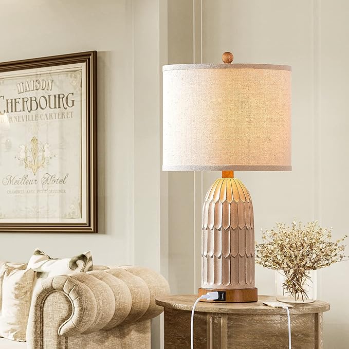 Cinkeda Boho Table Lamps Set of 2, Farmhouse 3-Way Dimmable Touch Nightstand Lamp with 2 USB Charging Ports, White Vintage Bedside Lamp for Bedroom Living Room End Table (Bulbs Included)