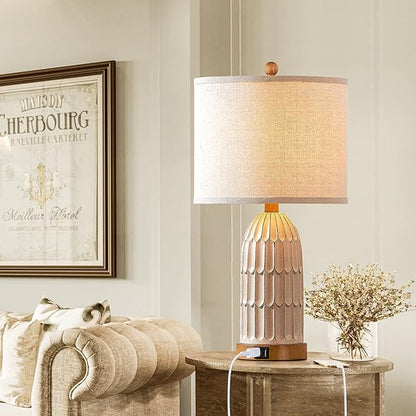 Cinkeda Boho Table Lamps Set of 2, Farmhouse 3-Way Dimmable Touch Nightstand Lamp with 2 USB Charging Ports, White Vintage Bedside Lamp for Bedroom Living Room End Table (Bulbs Included)