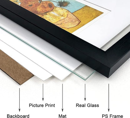 11x14 Picture Frame Set of 6 with Real Glass for Pictures 8x10 with Mat or 11x14 Without Mat, Wall Gallery or Tabletop display Photo Frames in Black