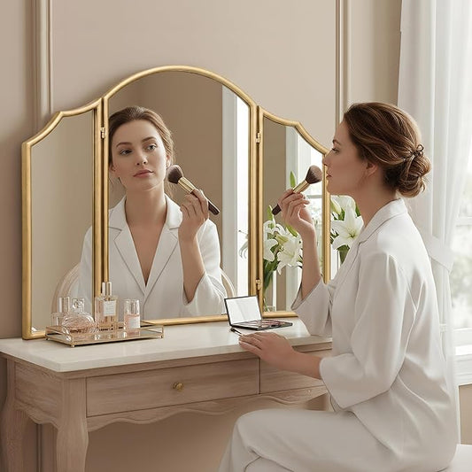 Besdomus Gold Scalloped Vanity Mirror: 36"x24" Large Modern Three Sided Dresser Miror - Minimalist Wood Frame 3 Way Trifold for Bedroom/Cloakroom/Dressing Room - Home Decor for Housewife