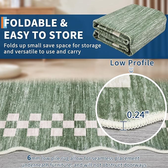 Small Area Rug 2x3 Modern Checkered Entry Rug Solid Color Scalloped Kitchen Rugs Washable Bedroom Doormat Non Slip Stain Resistant Bordered Throw Carpet for Living Room Nursery Laundry, Green