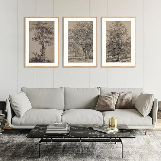 KAIRNE Vintage Tree Sketch Framed Canvas Wall Art Set, Antique Tree Drawings Wall Decor, Retro Forest Art Prints, Modern Nature Landscape Artwork for Living Room, Bedroom, Farmhouse, Office-24 x36 x3