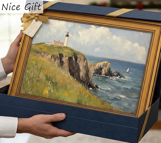 Vintage Gold Framed Canvas Wall Art, Island Lighthouse Poster Artwork, Nature Ocean Landscape Print Picture, Seascape Painting Wall Decor, for Living Room, Bedroom, Home Decoration, 16x24in