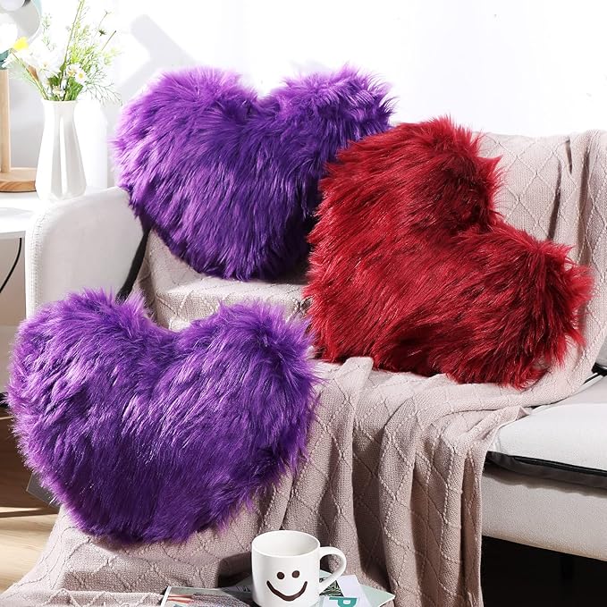 Enhon 2 Pcs Fluffy Heart Pillows Faux Fur Heart Shaped Plush Pillow Soft 20 x 15.7 Inch Love Throw Pillows with Insert for Decorative Office Home Bedroom Living Room Sofa(Violet)