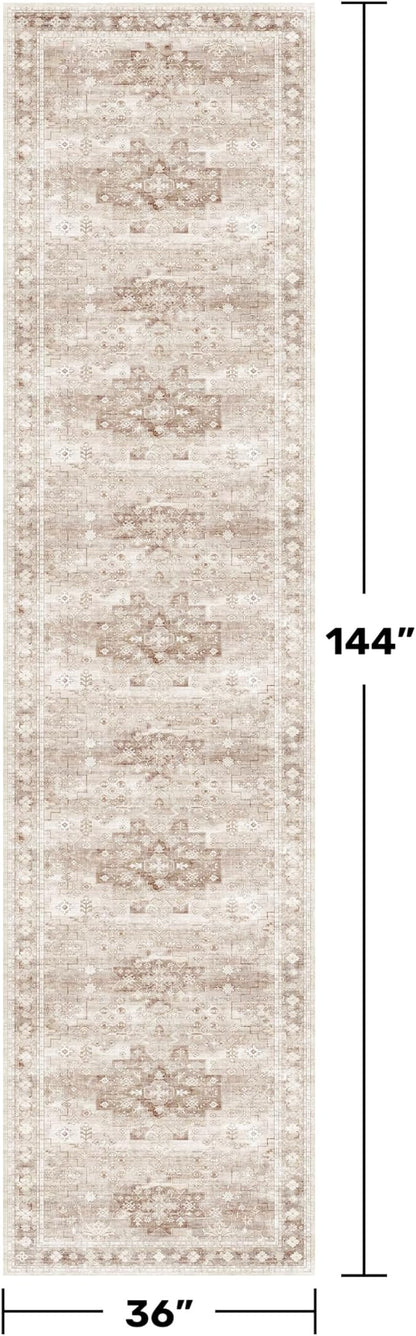 Hazo Haus Washable 3x12 Long Runner Rug for Hallway, Boho Waterproof Large Kitchen Floor Rug, Non-Slip Stain & Fade Resistant, Vintage Beige Floral Décor (3x12 Beige/Latte)