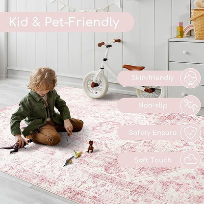 Sofrug Area Rug - 6x9 Washable Pink Rug Honeycomb Non Slip Retro Rugs Soft Faux Wool Carpet Foldable & Machine Washable Rugs for Living Room Bedroom Dining Room Kitchen