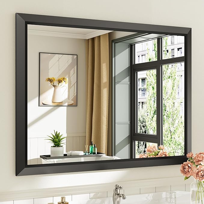 Briivue 40x30 Inch Black Bathroom Mirror for Wall, Thick Metal Framed Rectangle Mirrors for Over Sink, Bedroom, Living Room, Entryway, Anti-Rust, HD Tempered Glass