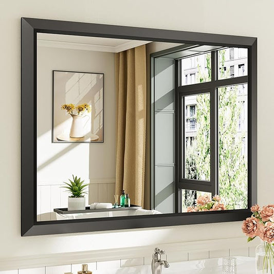 Briivue 40x30 Inch Black Bathroom Mirror for Wall, Thick Metal Framed Rectangle Mirrors for Over Sink, Bedroom, Living Room, Entryway, Anti-Rust, HD Tempered Glass