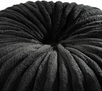 HIG Decorative Round Throw Pillows for Bed Couch -Set of 2 Handcraft Ruched Pumpkin Pillow, Soft and Durable Flannel Floor Pillow for Home Decor, Bed Living Room and Sofa (Black,14.5"x14.5")
