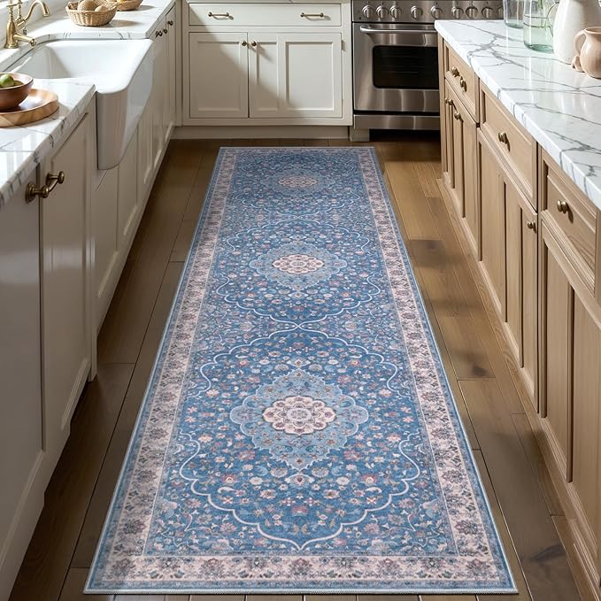 Tangsoo 2.6x10 Runner Rug for Hallways,Washable Non Slip Vintage Kitchen Runner Rug,Boho Blue Beige Soft Floral Low Pile Indoor Long Carpet Runner for Bedroom Bathroom Laundry Room