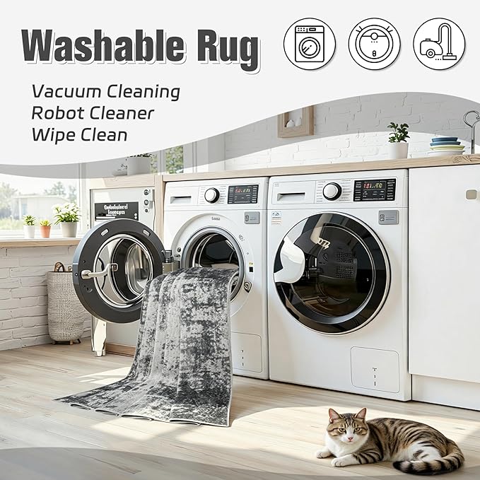Area Rug 5x7 Living Room Rug Washable: No-Slip Abstract Soft Thin Large Gray White Rugs, Indoor Floor Stain Resistant Modern Carpet for Bedroom Dining Room Farmhouse Nursery Home Office