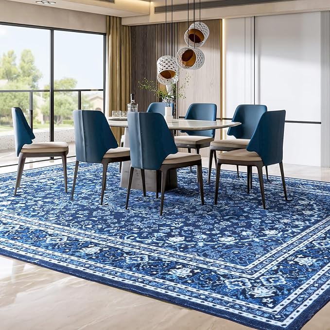Lessymo Area Rugs 9x12 Living Room- Large Area Rug Machine Washable Area Rug for Bedroom Living Room, Vintage Rugs Boho Floral Medallion, Non-Slip Rubber, Low Pile, Kid & Pet Friendly, Blue White