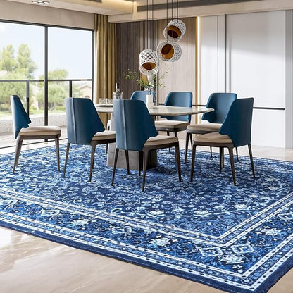 Lessymo Area Rugs 9x12 Living Room- Large Area Rug Machine Washable Area Rug for Bedroom Living Room, Vintage Rugs Boho Floral Medallion, Non-Slip Rubber, Low Pile, Kid & Pet Friendly, Blue White