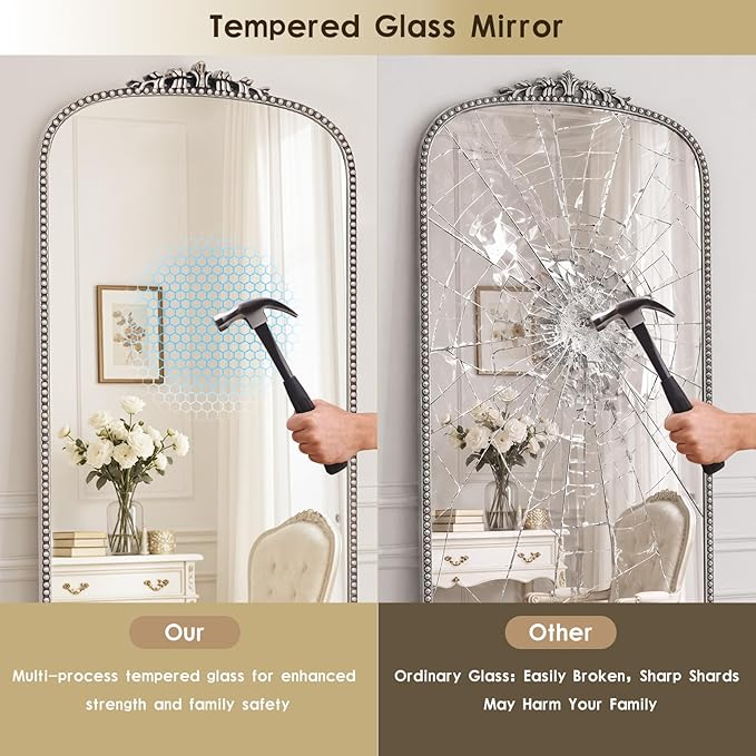 Antique Full Length Mirror 71" x 32", Antique Silver Arched Large Vintage Mirror in Baroque Style with Tempered Glass, Freestanding for Bedroom, Living Room, Cloakroom