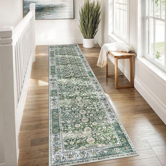 KUTA Vintage Washable Runner Rug, 2x8 Green Runners for Hallways Non-Slip Kitchen Rugs Ultra Thin Soft Printed Distressed Floral Floor Carpet for Laundry Bedroom Living Room Nursery