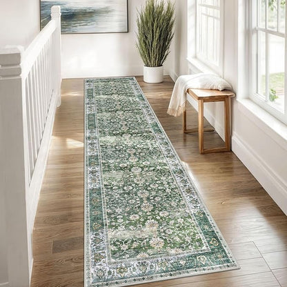 KUTA Vintage Washable Runner Rug, 2x8 Green Runners for Hallways Non-Slip Kitchen Rugs Ultra Thin Soft Printed Distressed Floral Floor Carpet for Laundry Bedroom Living Room Nursery