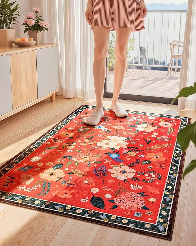 Macgace 3x5 Floral Rug for Girls Bedroom, Machine Washable Area Rugs with Non Slip Backingfor Living Room, Cute Flowers Carpet Kitchen Dining Room Kids Playroom Decor, Christmas Red