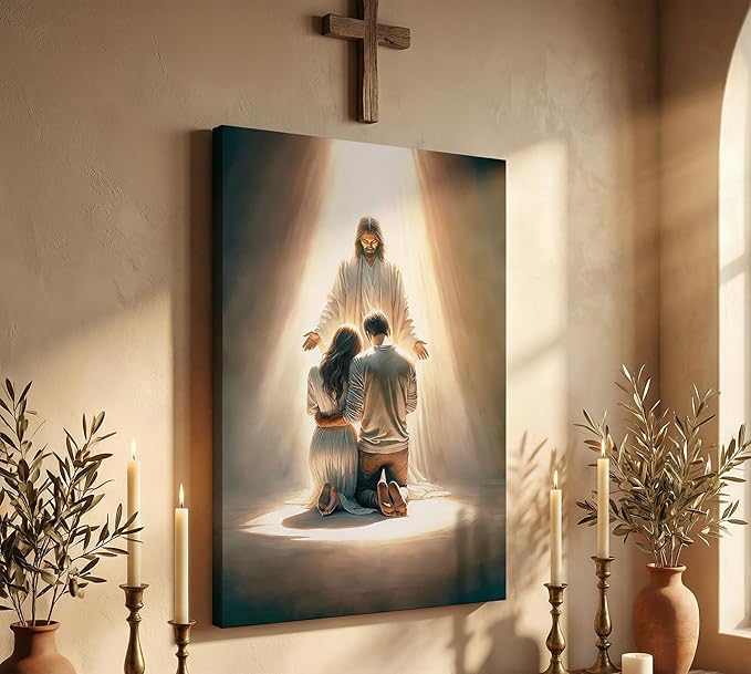 UNDBILSNI Jesus Blesses Couple Canvas Art Print: Couple Kneeling and Praying to Jesus - Christianity Wall Decor for Bedroom, Living Room, Church, or Prayer Room - 16x24in, 5 Pack