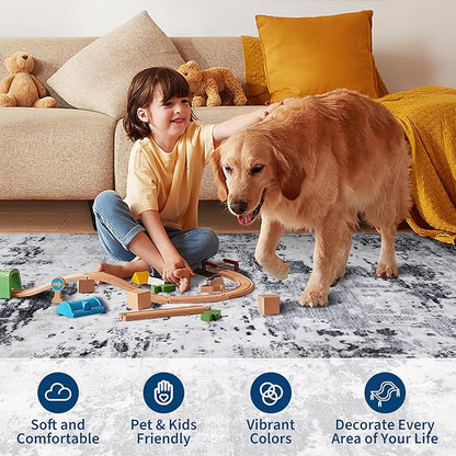 ROYHOME Modern Abstract Runner Rug 2x5 Washable Non Slip Stain Resistant Rug for Bedroom Living Room Non Shedding Low Pile Indoor Floor Cover,Grey