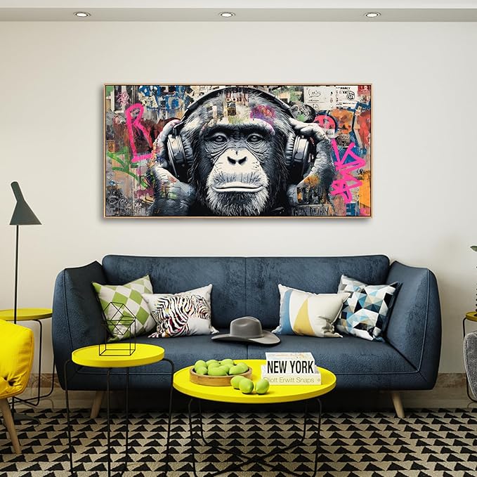 Sorbrozo DJ Gorilla Street Art Print - Colorful Graffiti Canvas Painting with Headphones Urban Animal Wall Decor for Boys Room Music Lover Gift 24x48in