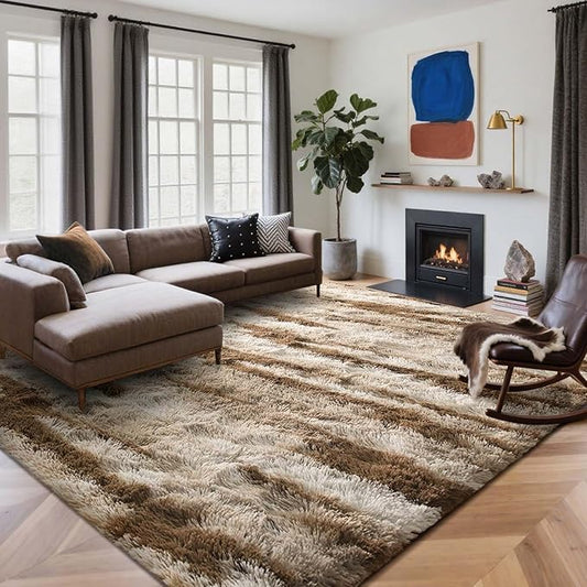 7x10 Ft Extra Large Shag Rugs for Living Room, Tie Dyed Ultra Soft Fluffy Furry Area Rugs for Bedroom Indoor Floor, Aesthetic Carpet for Kids Home Decor (Khaki)