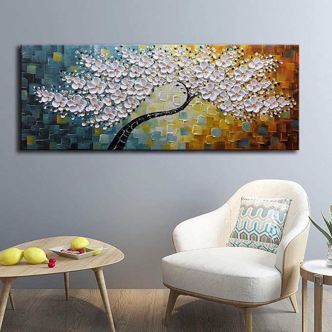 YaSheng Art - Large Canvas Wall Art ,100% Hand Painted Floral Wall Art Oil Painting , 3D Texture White Flower Artwork Paintings, Modern Home Bedroom Living Room Wall Decor ,Abstract Art Painting, Framed Wall Art Pictures 24x60inch