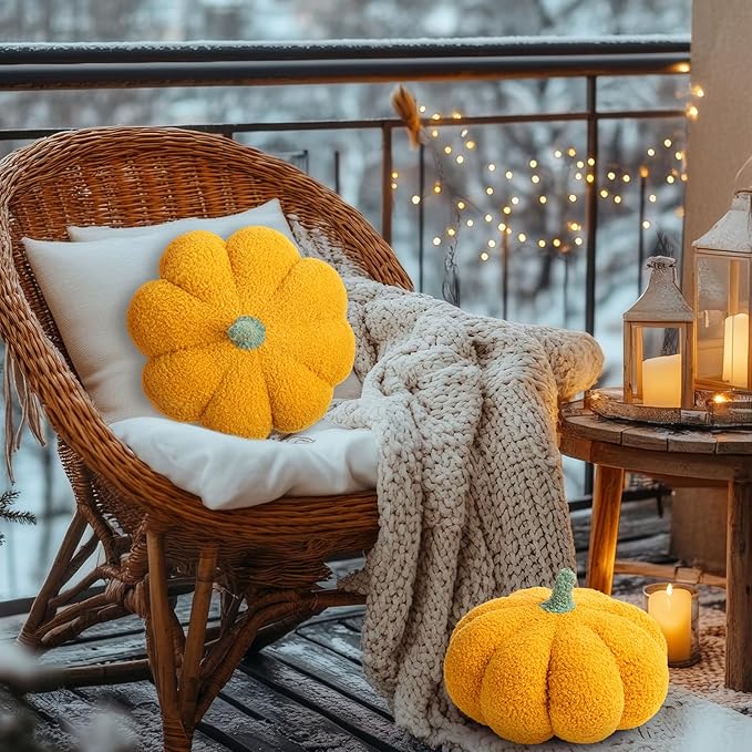 Kajaia 1 Pcs Simulated Pumpkin Plush Pillow 11 x 9.5 Inch 3D Cushion Fall Decorations Stuffed Throw Pillows Toy for Fall Halloween Thanksgiving Bedroom Sofa Couch Supplies (Yellow)