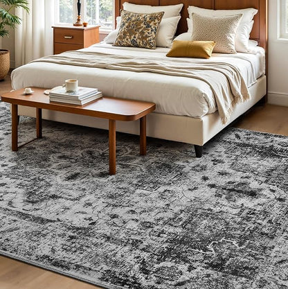 YOH Boho Washable Rug 5x7, Black Vintage Non Slip Area Rug, Distressed Indoor Carpet for Living Room Bedroom Kitchen Office
