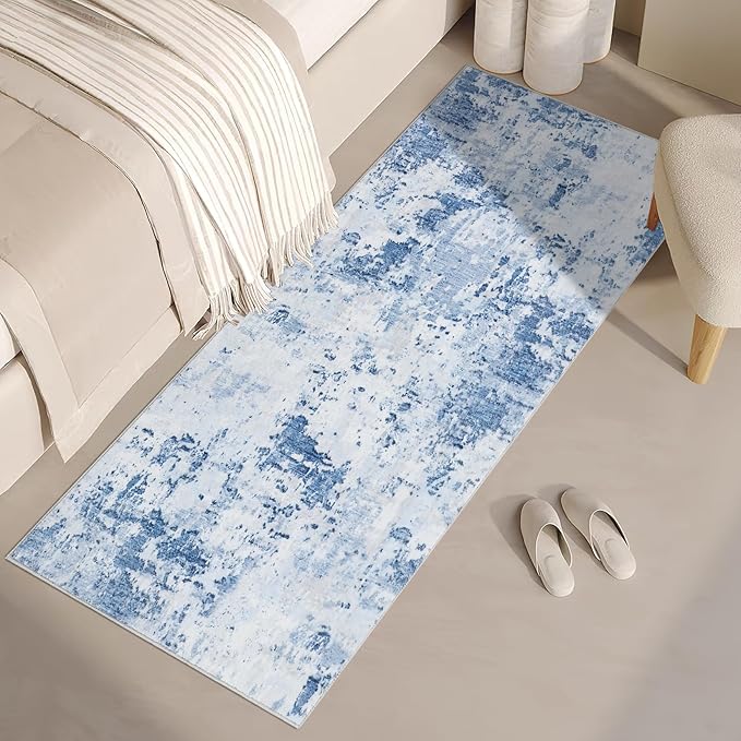 ROYHOME Modern Abstract Runner Rug 2x5 Washable Non Slip Stain Resistant Rug for Bedroom Living Room Non Shedding Low Pile Indoor Floor Cover,Light Blue