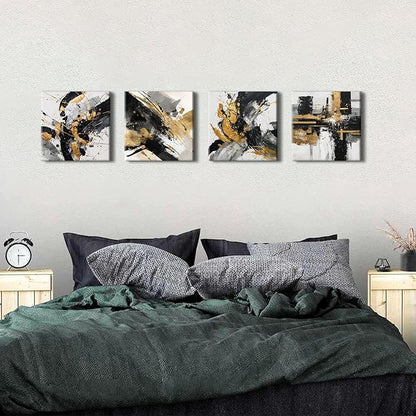 Abstract Black and Gold Wall Art for Bathroom Marble Pictures for Wall Modern Black White and Gold Texture Canvas Prints Painting Neutral Posters Artwork Living Room Home Decorations 12x12” 4Pcs