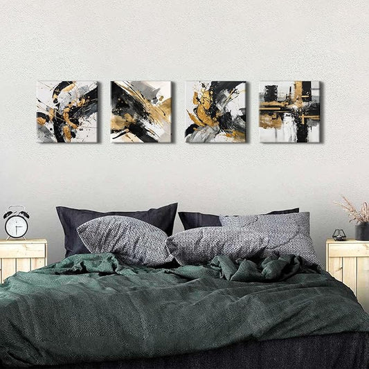 Abstract Black and Gold Wall Art for Bathroom Marble Pictures for Wall Modern Black White and Gold Texture Canvas Prints Painting Neutral Posters Artwork Living Room Home Decorations 12x12” 4Pcs