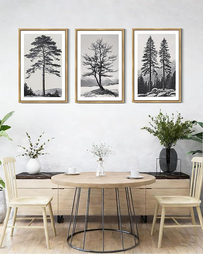 Drsoum Vintage Black Gray Tree Wall Art Framed Antique Retro Forest Prints Modern Rustic Artwork Bedroom Farmhouse Ready to Hang 16x24in Natural Framed