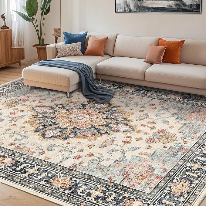CAPALOCA Machine Washable Rugs Nursery Rug 5x7 Cute Girl Non Slip Low Pile Water Repellent Soft Print Pattern for Bedroom Indoor Decor Kids Playroom Bluebeige