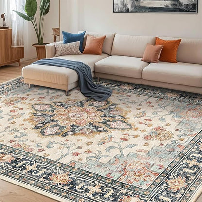 CAPALOCA Machine Washable Rugs Nursery Rug 5x7 Cute Girl Non Slip Low Pile Water Repellent Soft Print Pattern for Bedroom Indoor Decor Kids Playroom Bluebeige